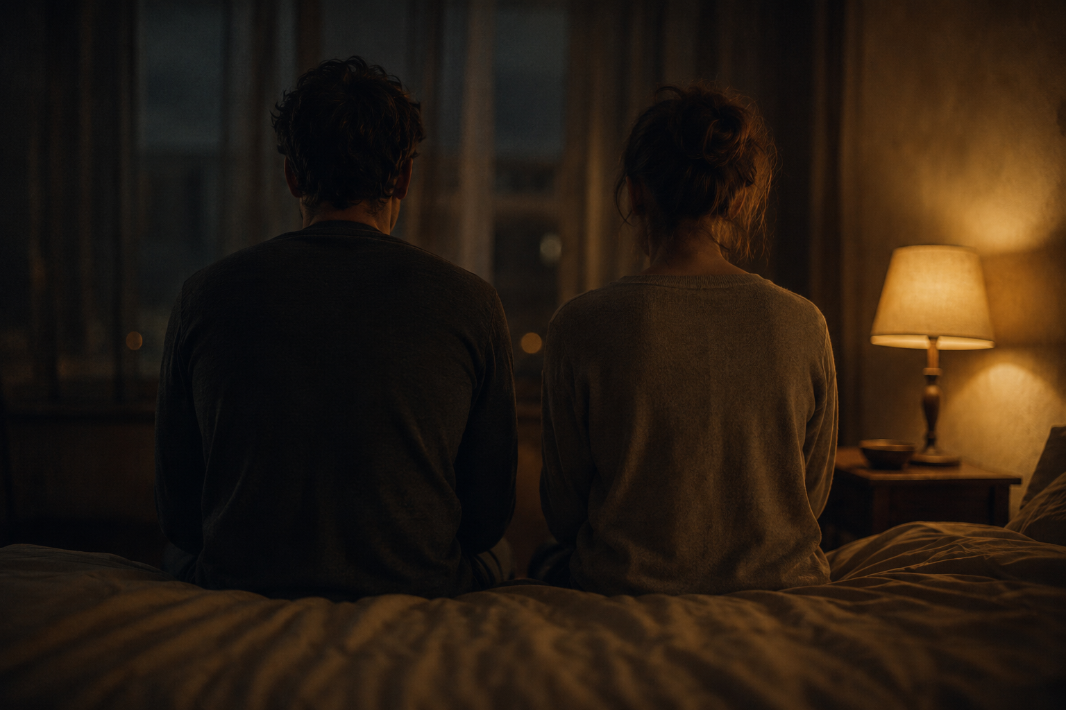 Couple lying together in morning light with hands gently touching — safe physical closeness after betrayal trauma recovery